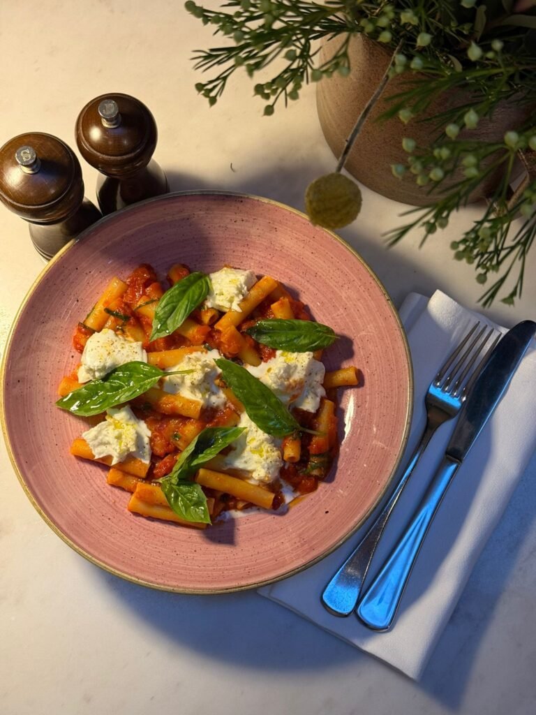 Ziti with Slow Tomato Sugo, Burrata and Basil