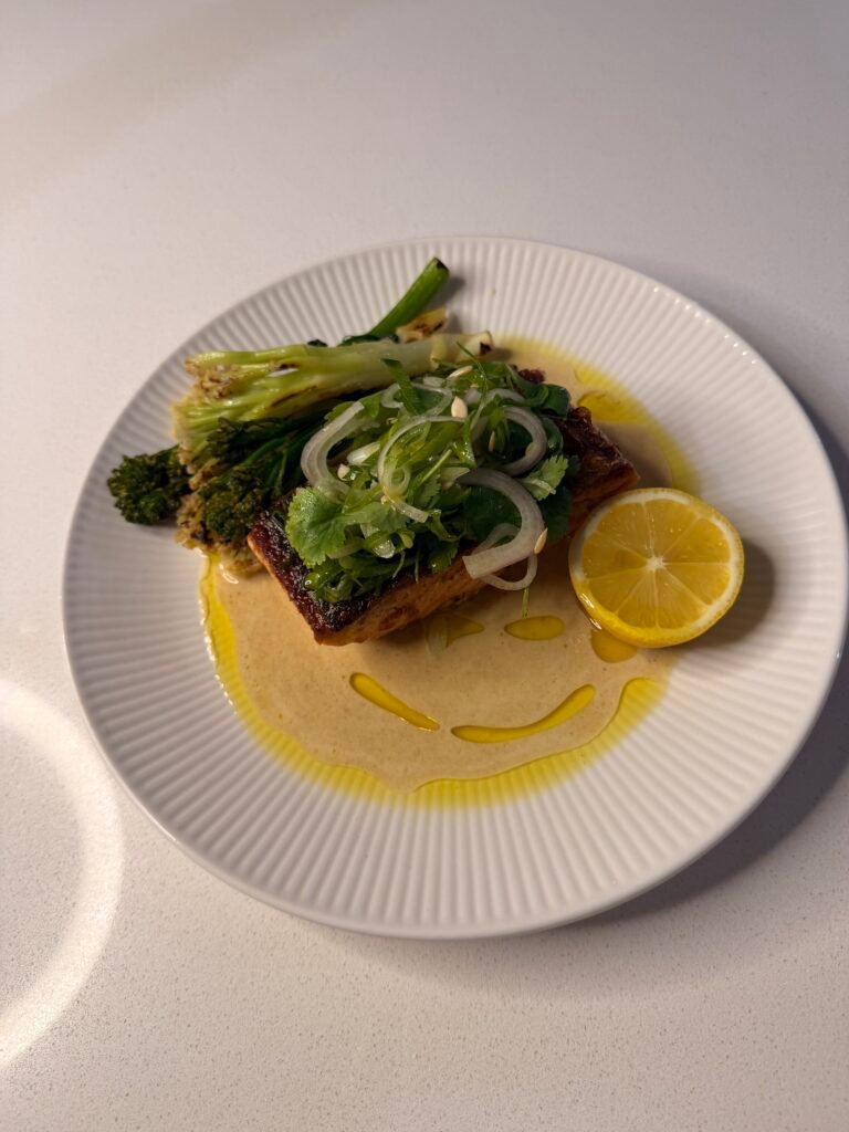 Crispy-Skin Salmon with Charred Broccolini and Miso Beurre Blanc