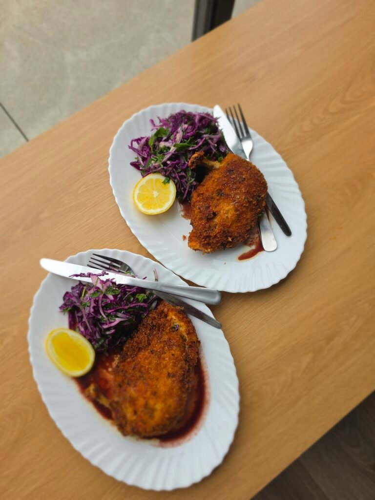 Homemade Chicken Kiev with Red Cabbage and Mint Slaw